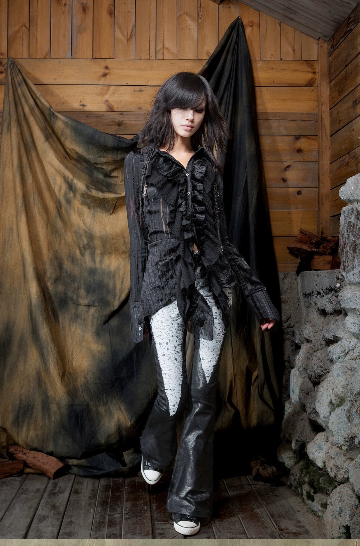 Original Punk Two-Tone Waist-Cinching Ruffle Asymmetric Shirt