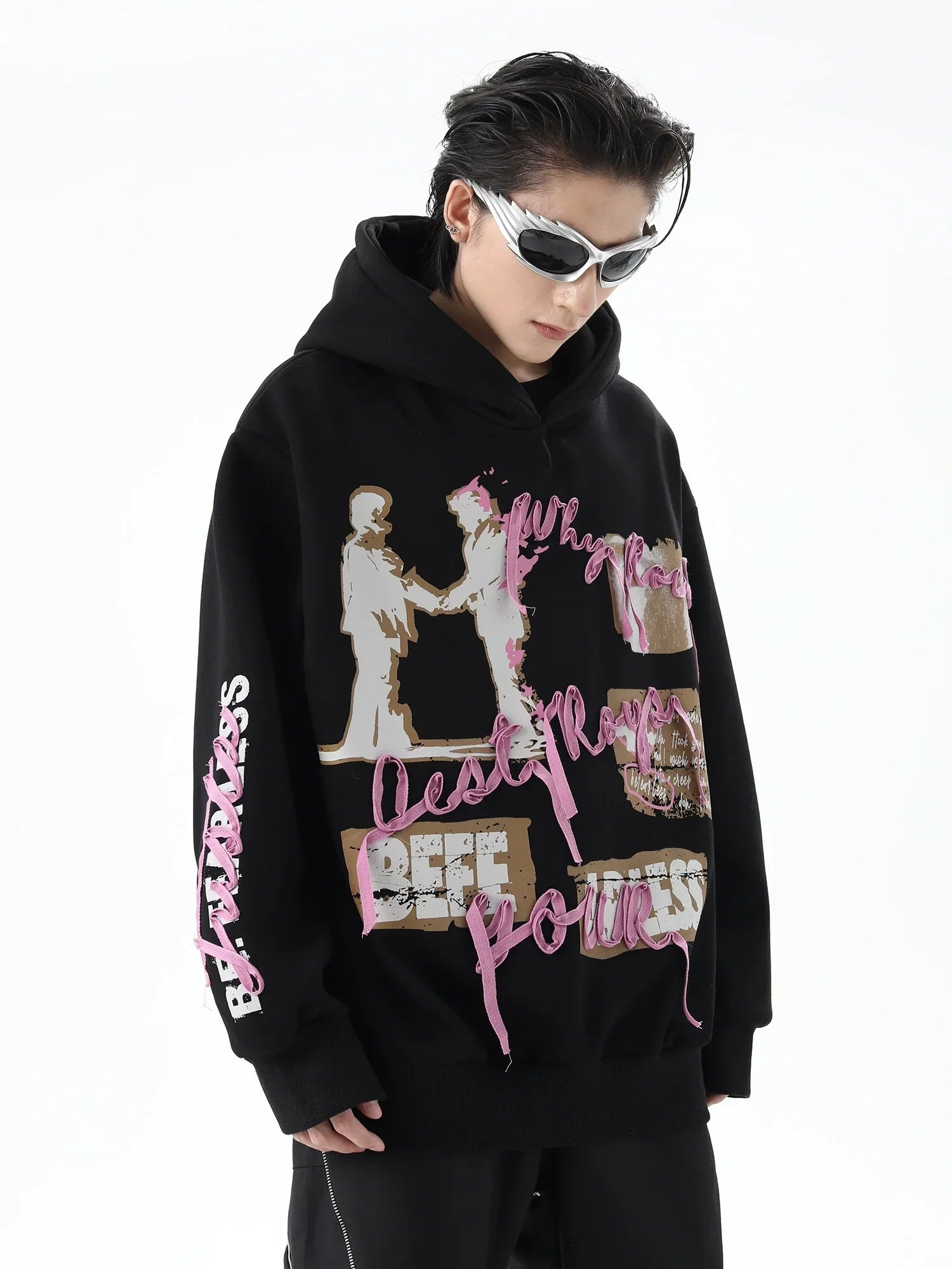 Felpa oversize con cappuccio e motivo a nastro