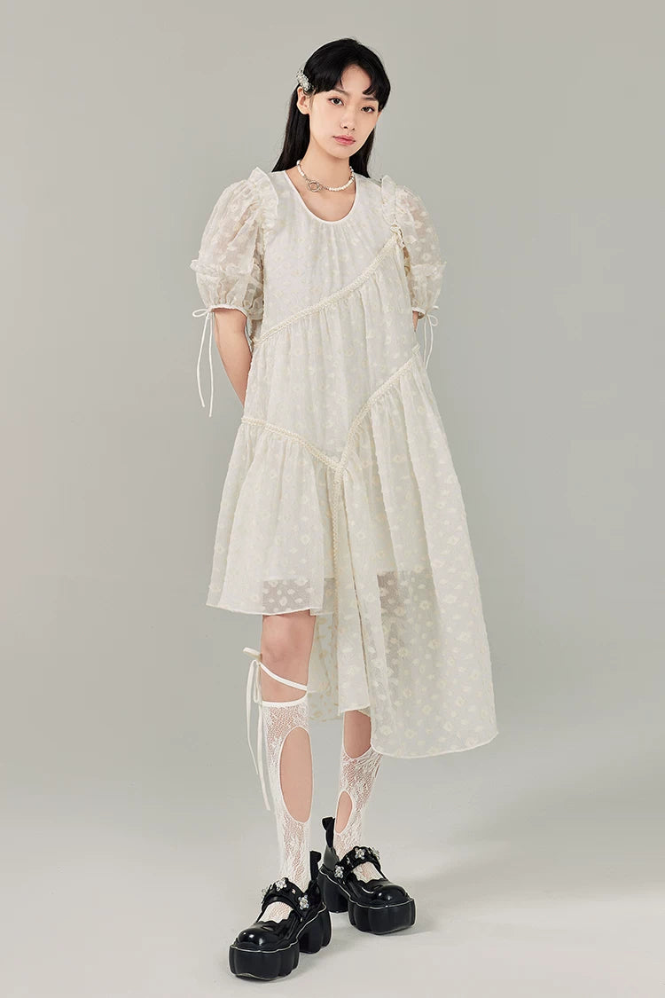 Jacquard Design Short Sleeve Dress With Irregular Hem Length