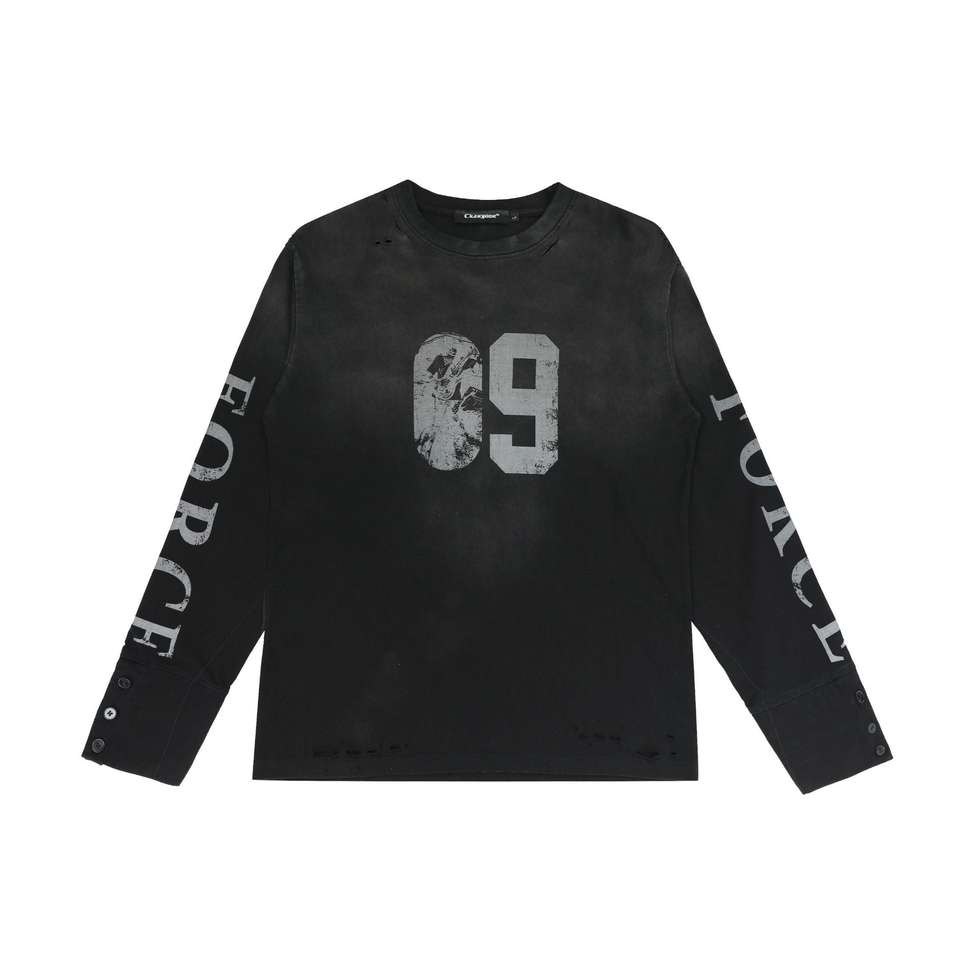 Washed Number Print Damage Long Sleeve T-Shirt