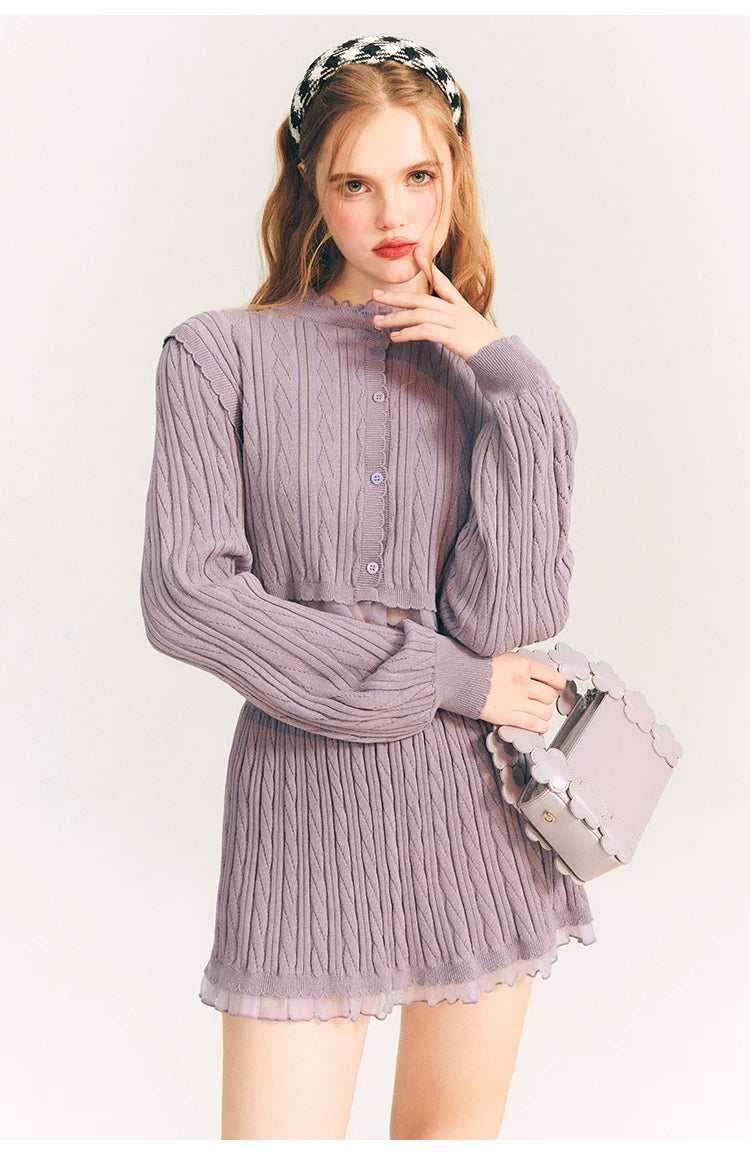 Tulip Button Knit Cardigan & Knit Short Skirt Setup