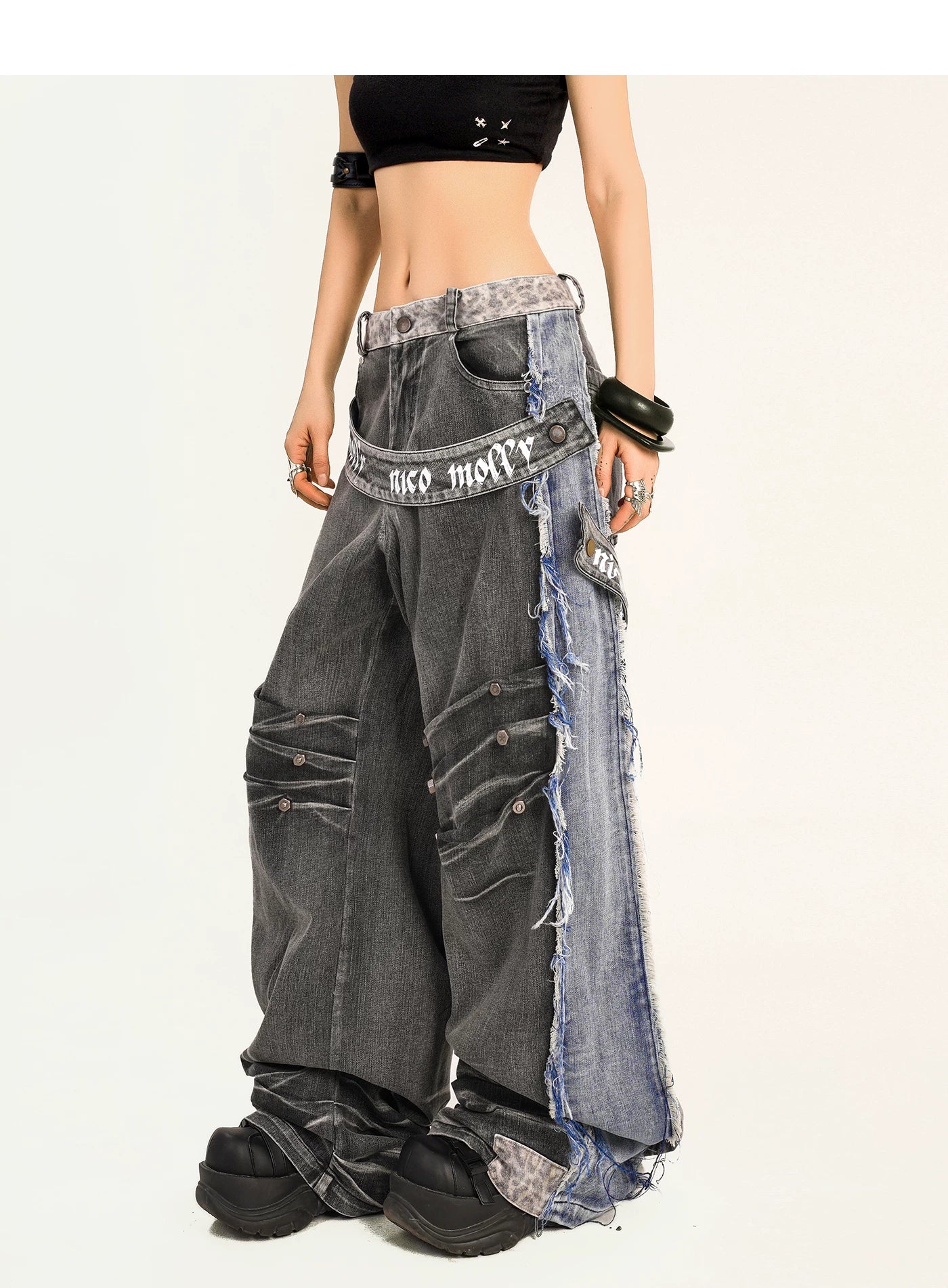 Damage Wash Raw Hem Wide Leg Denim Jeans