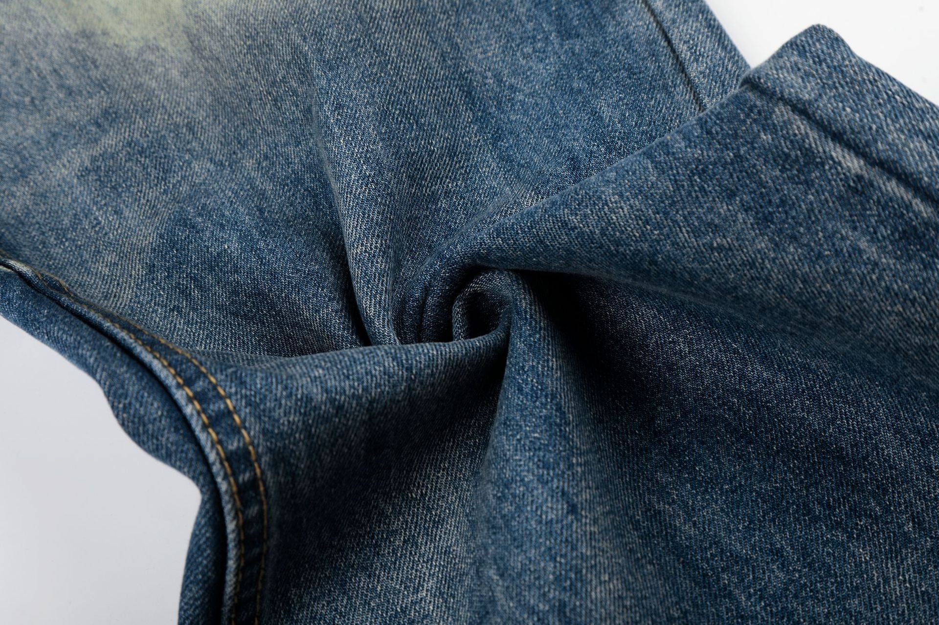 Washed Whisker Damage Wide Leg Denim Jeans