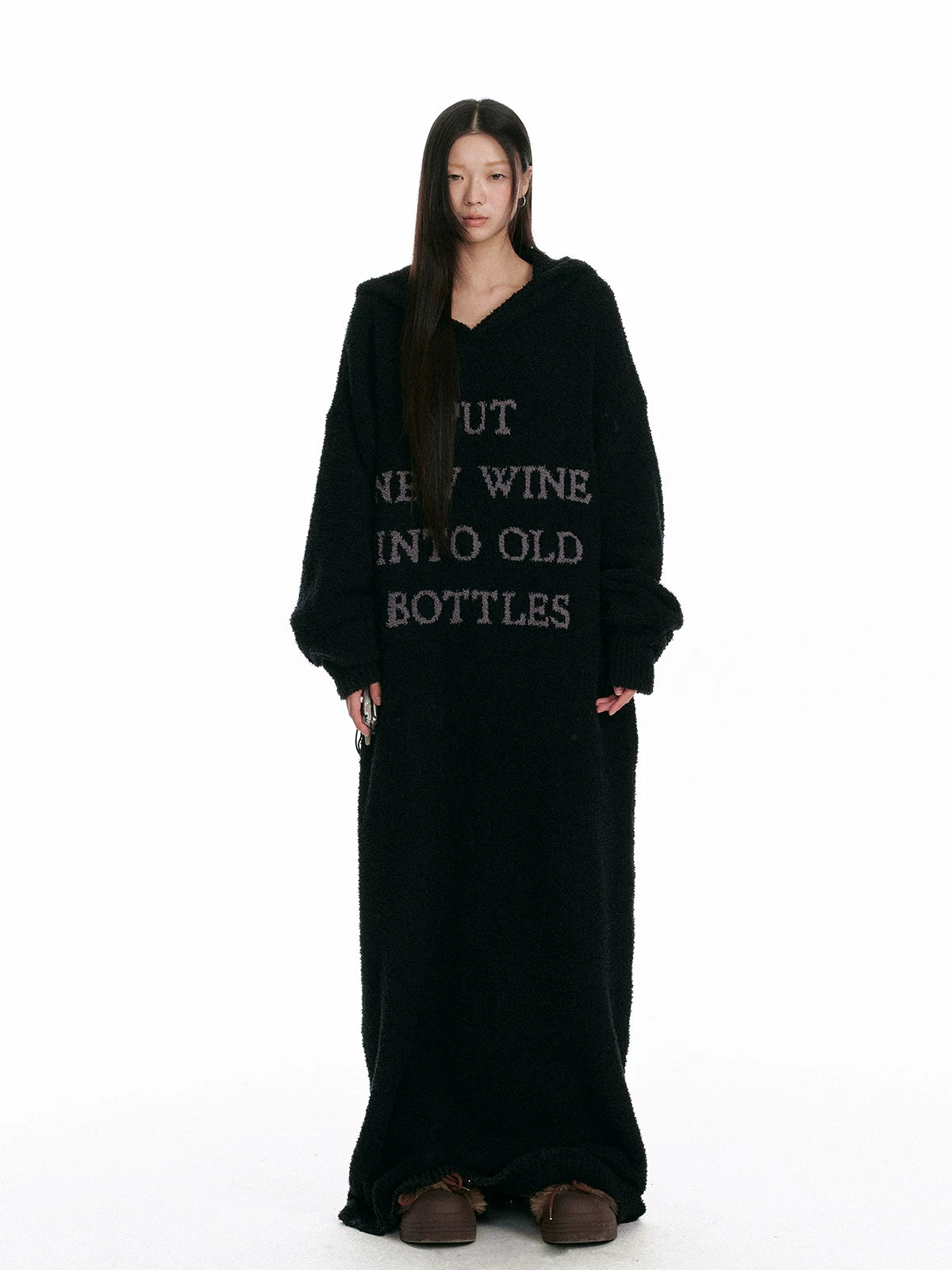 Fuzzy Hooded Knit Over-Knee Robe Dress