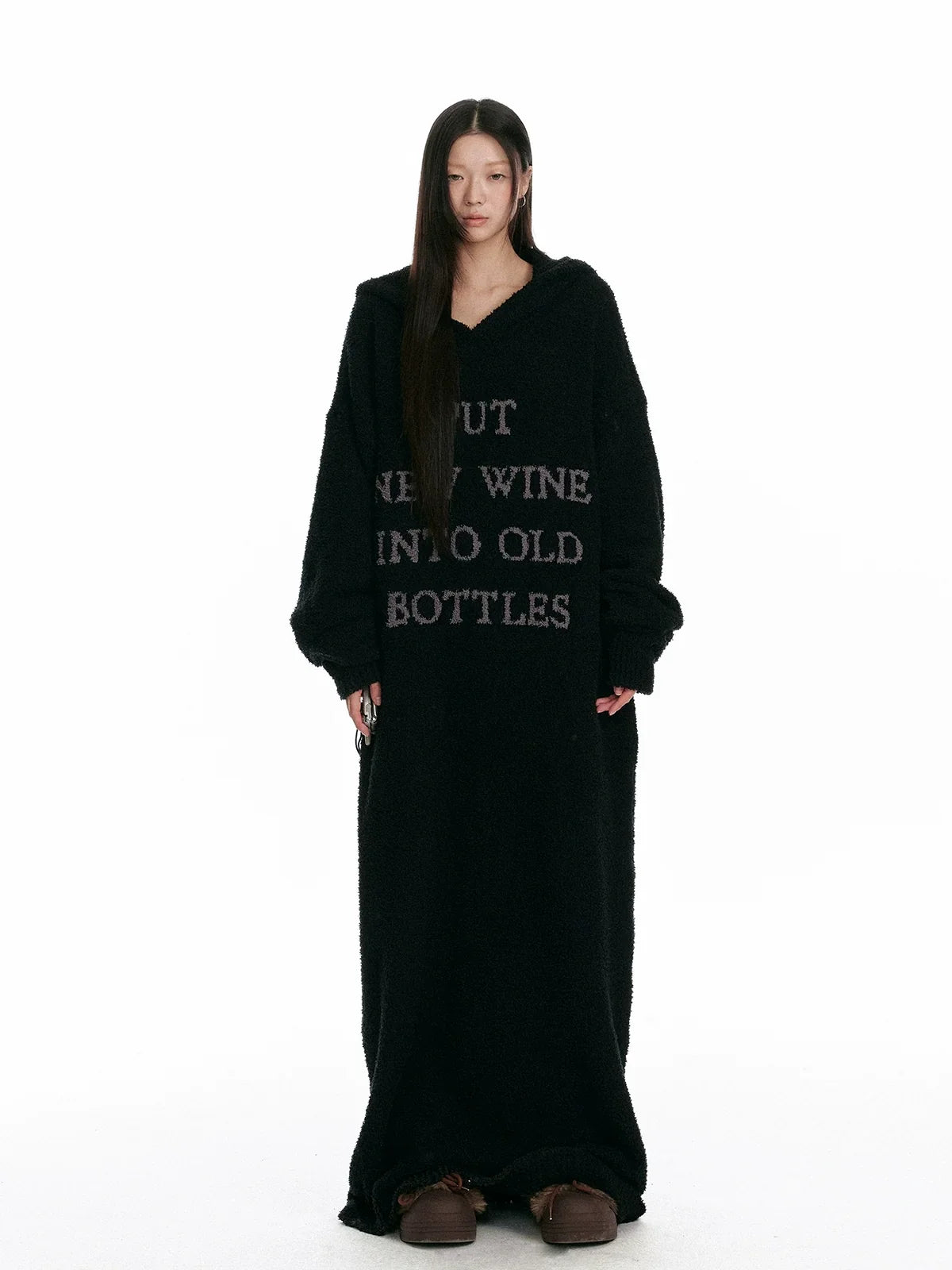 Fuzzy Hooded Knit Over-Knee Robe Dress