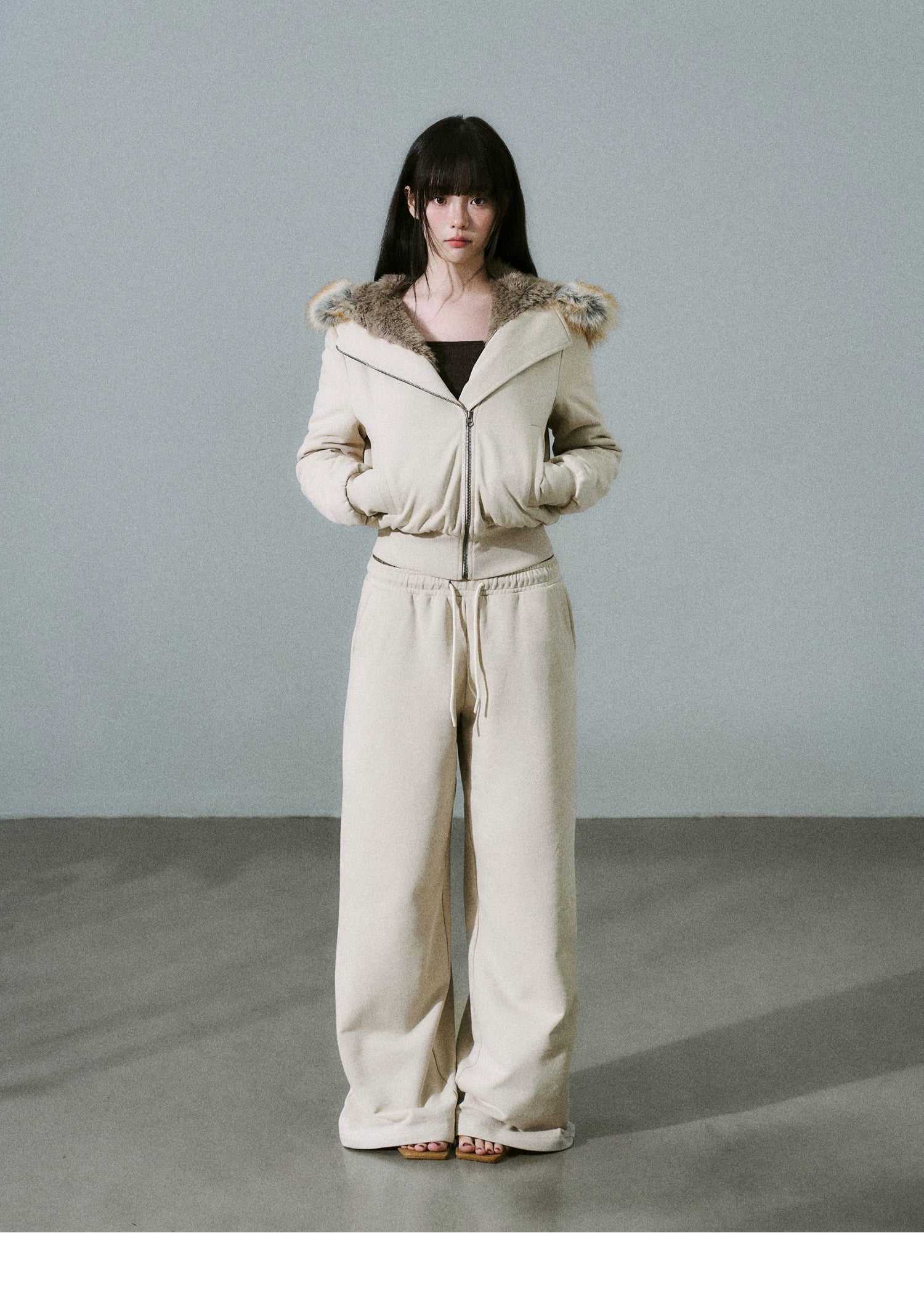 Fake Fur Hooded Zip-Up Jacket & Seatpants Setup