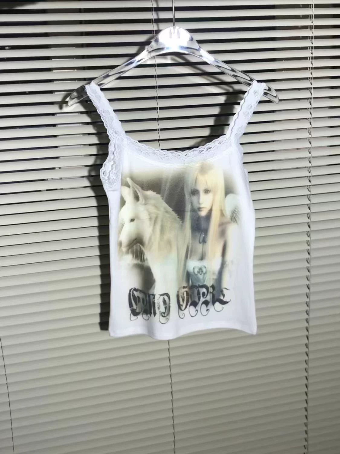 Angel Wolf Print Y2k Style Lace Camisole
