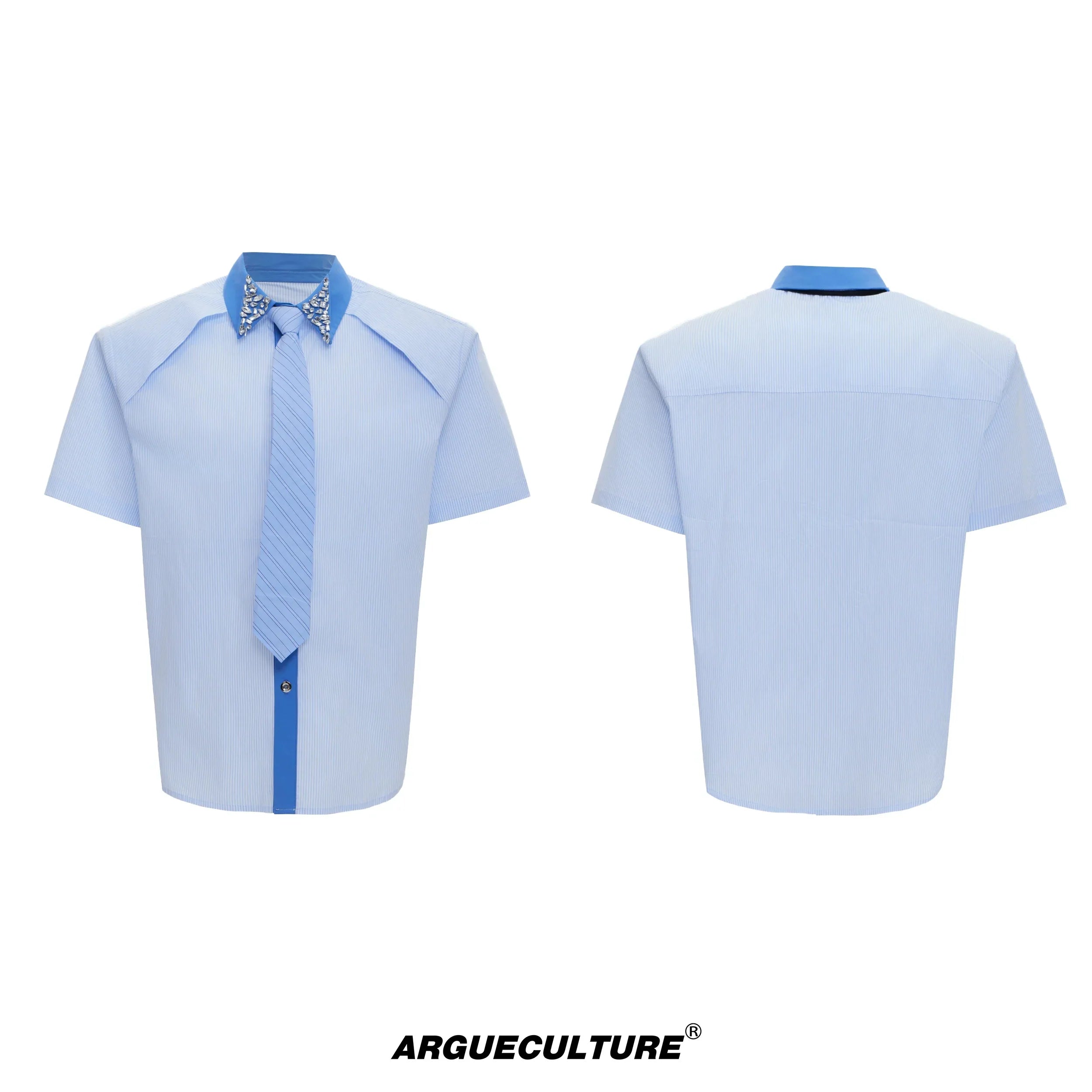 Rhinestone Stripe Two-Tone Patchwork Short Sleeve Shirt