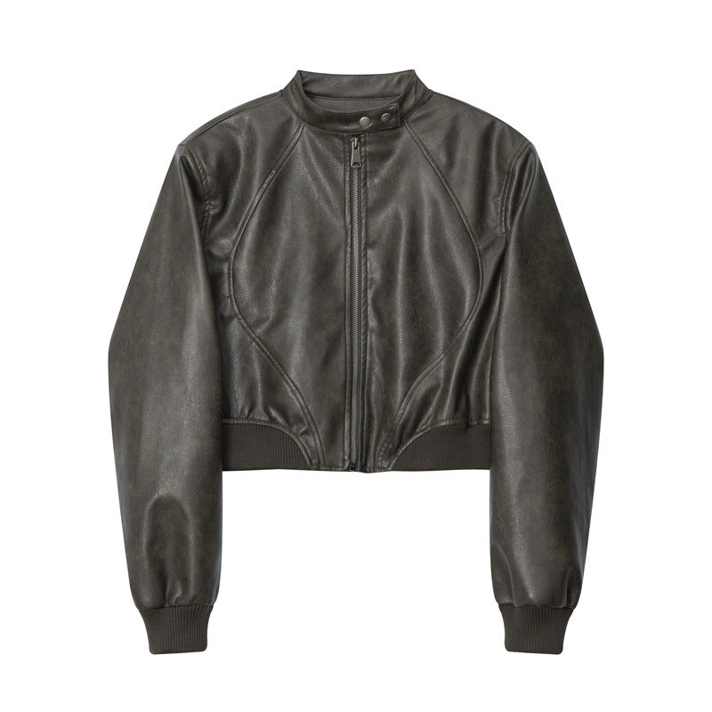 Veste en cuir à col montant et manches longues