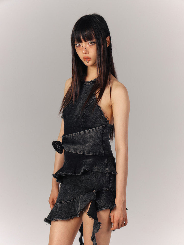 Asymmetrical Halter Denim Sleeveless Dress