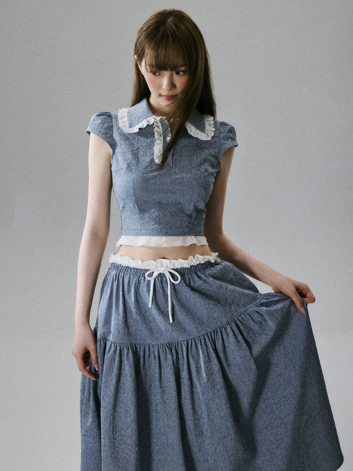 Lace-Trim Short Sleeve Shirt & Drawstring Skirt Setup