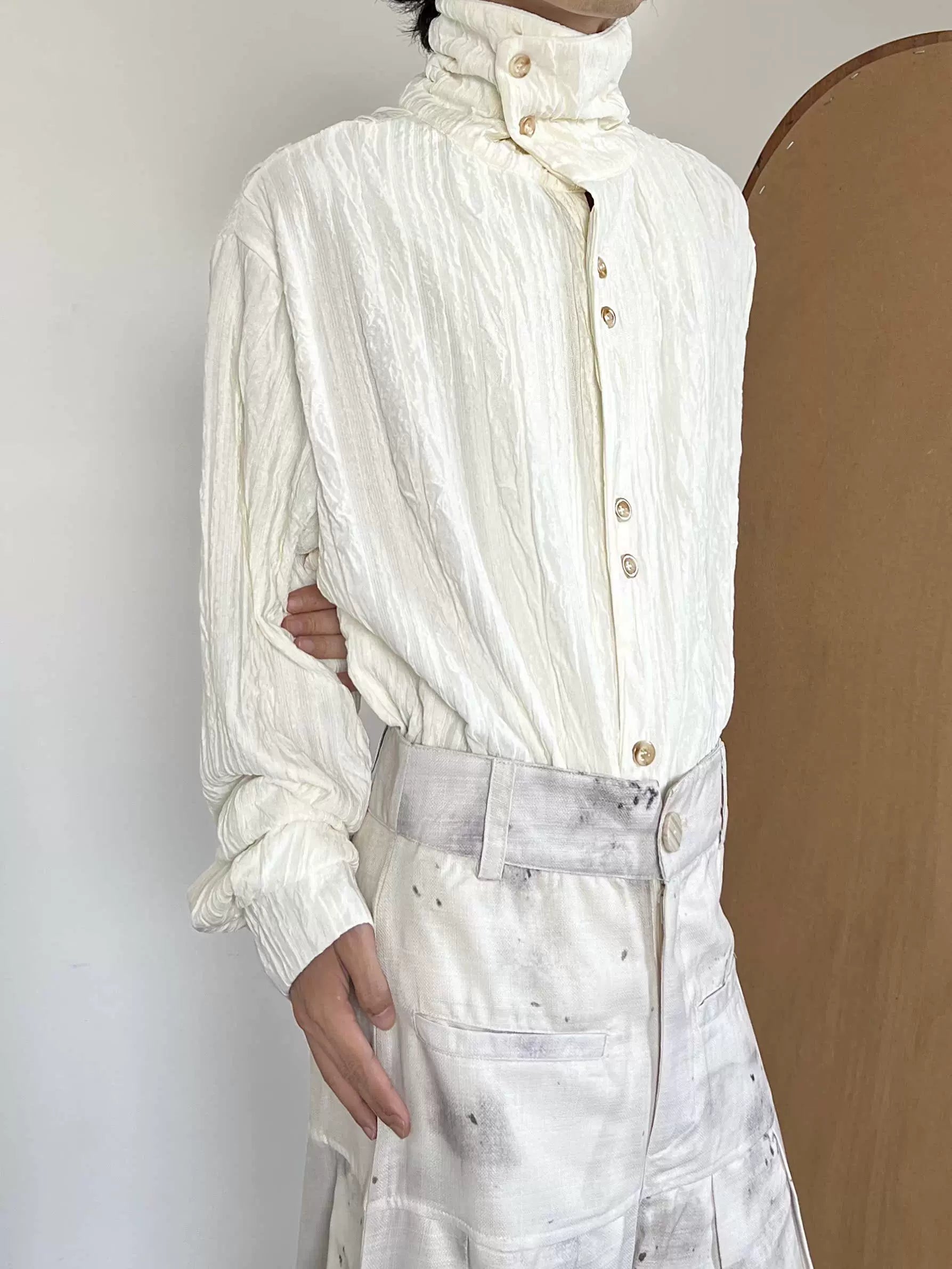 Texture Pleats High-Neck Long Sleeve Shirt