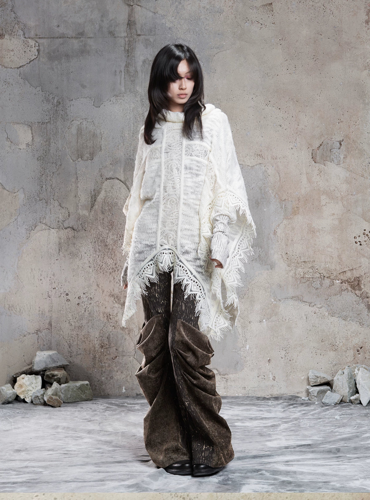 Punk Cross Cape Asymmetric Fringe Knit Sweater