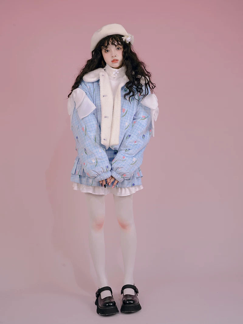 Flower Print Bow Fleece Lining Puffer Jacket