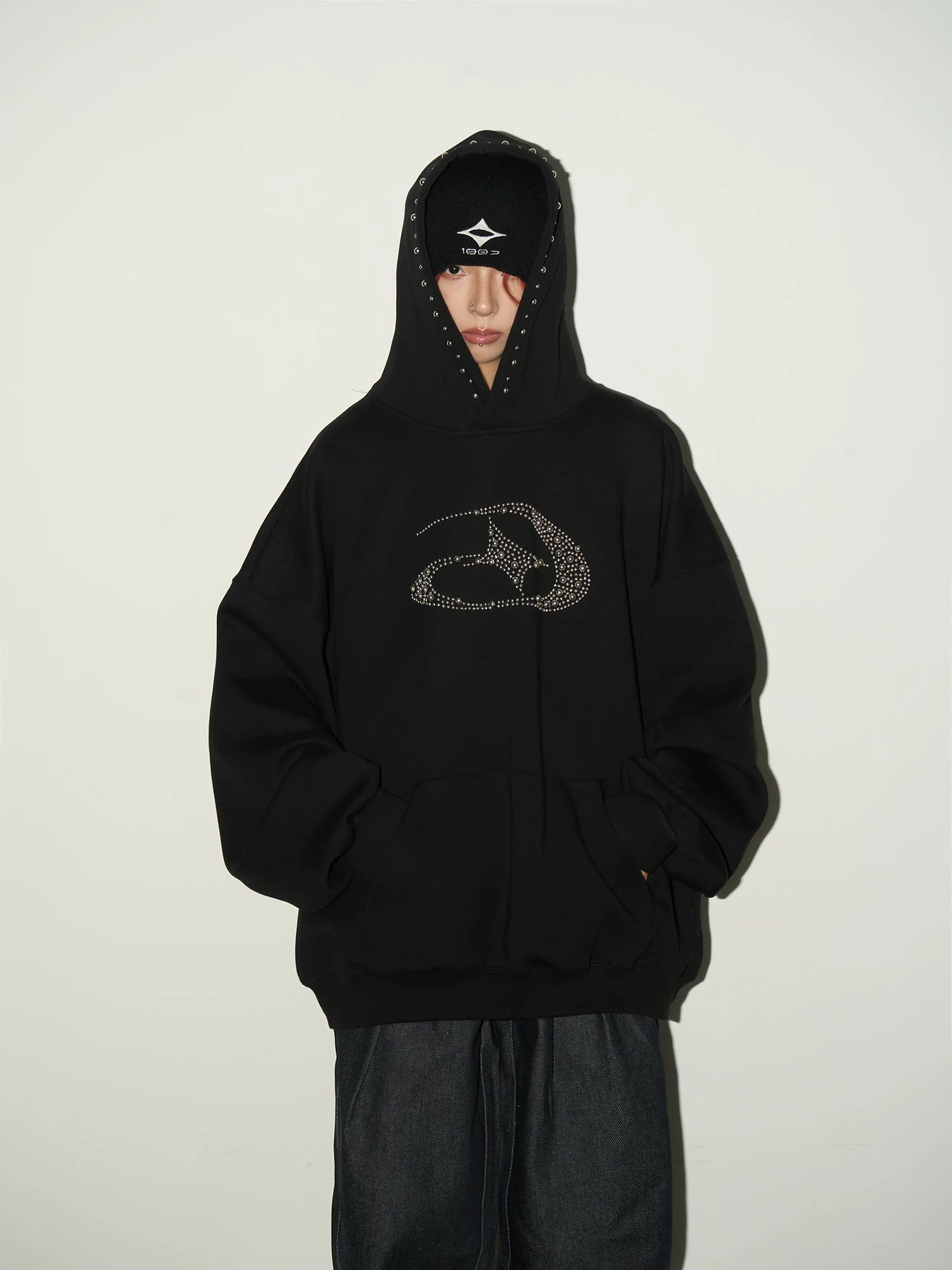 Studded Beaded Design Oversize Pullover Hoodie