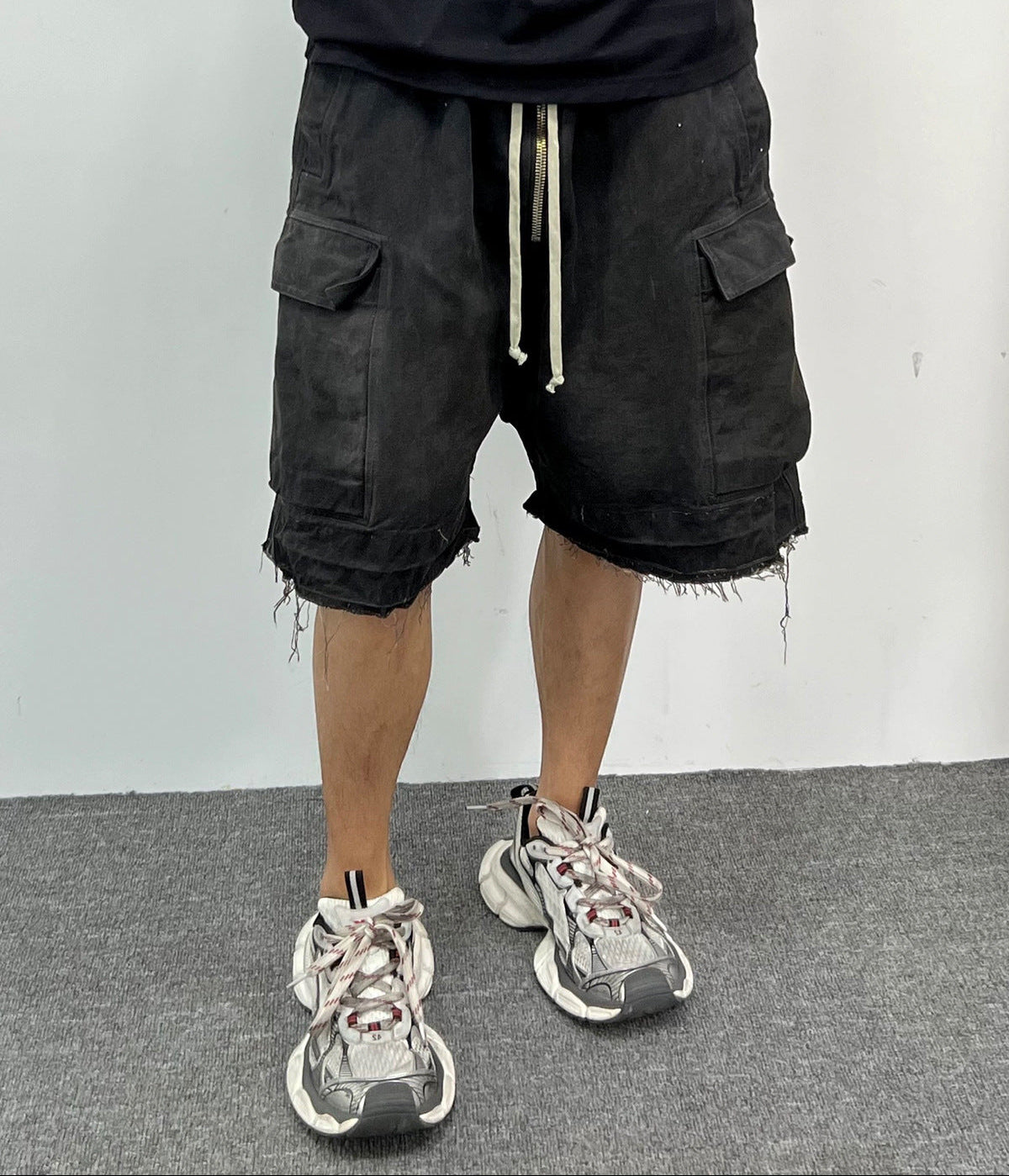 Drawstring Cargo Damage Denim Jort