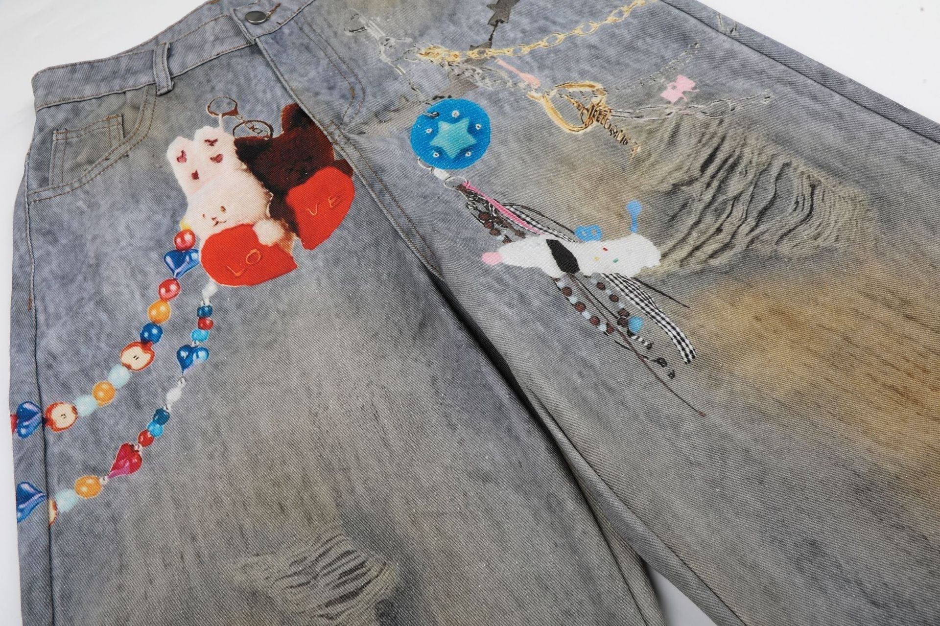Washed Damage Embroidery Wide Leg Denim Jeans