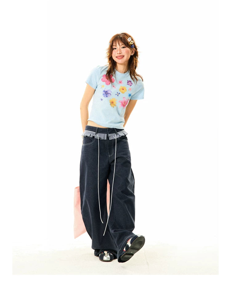 Flower Print Cropped Short Sleeve T-Shirt