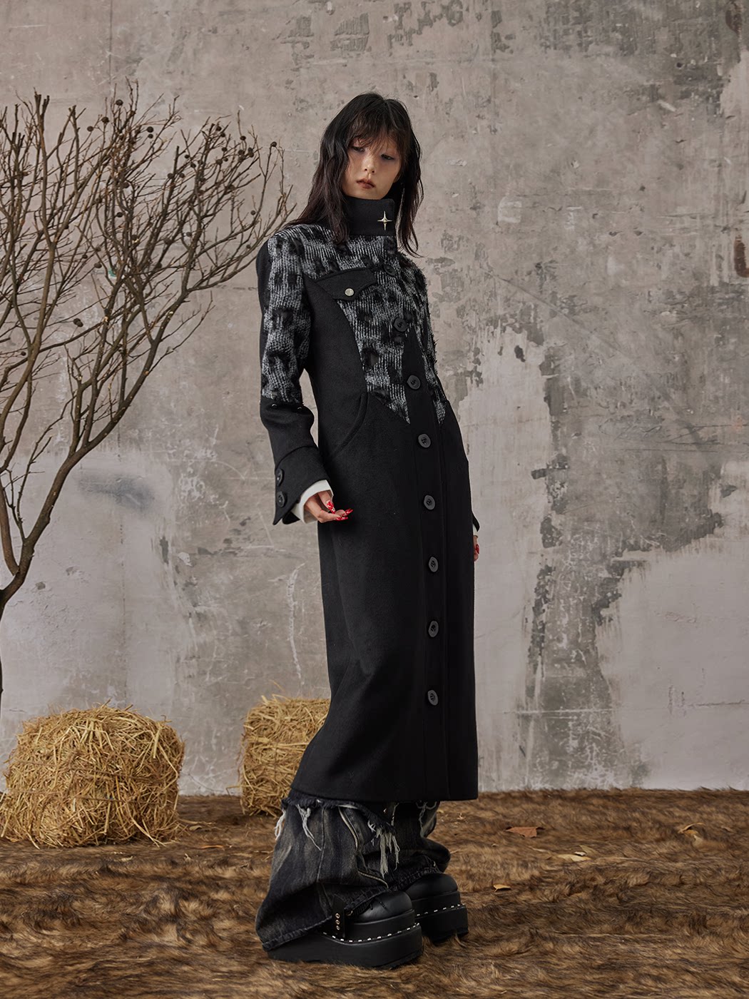 High-Neck Studs Patchwork Wool Coat