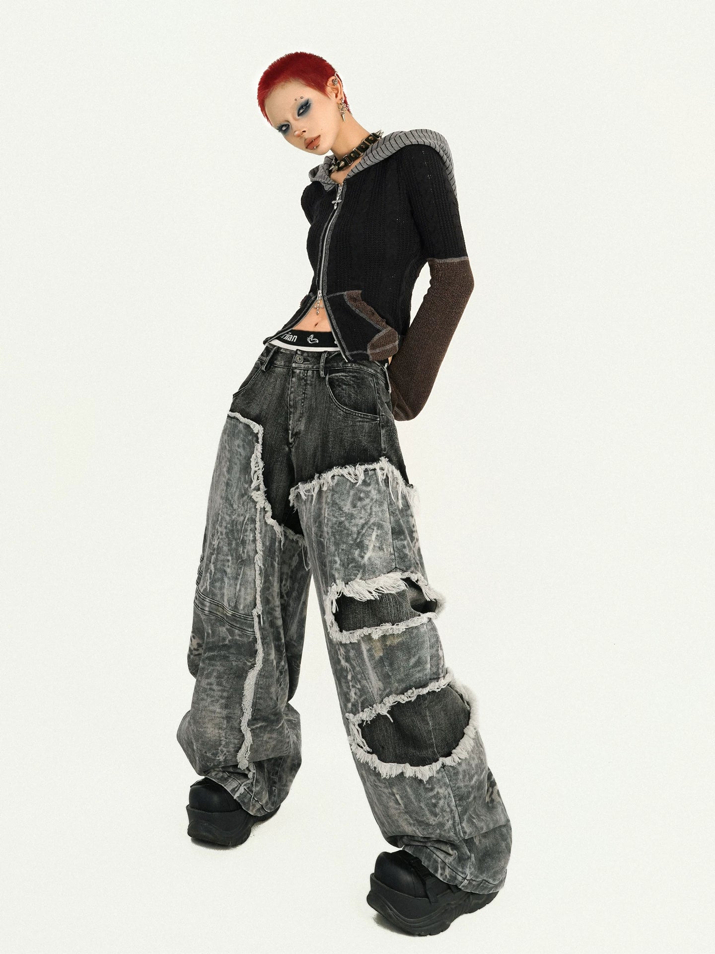 Fake Layered Heavy Craft Raw Hem Wide Leg Denim Jeans