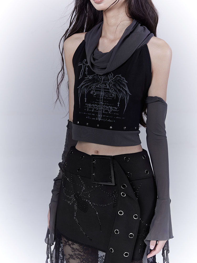 Rivet Print Patchwork Sleeveless T-Shirt & Arm Cover Set