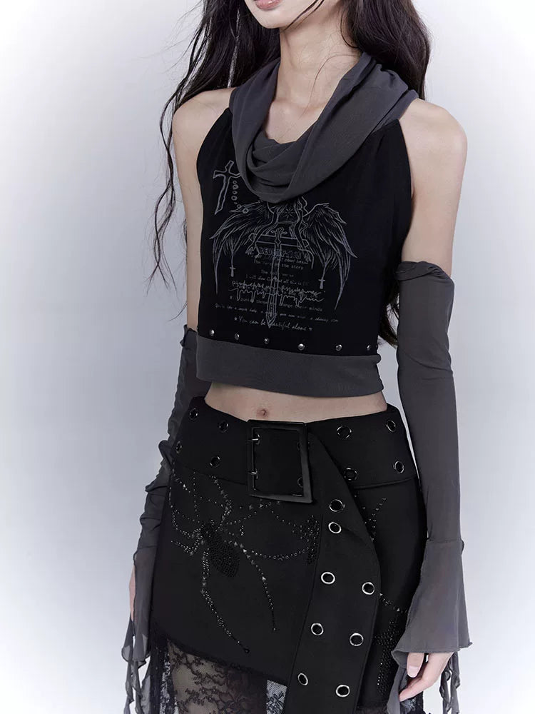 Rivet Print Patchwork Sleeveless T-Shirt & Arm Cover Set