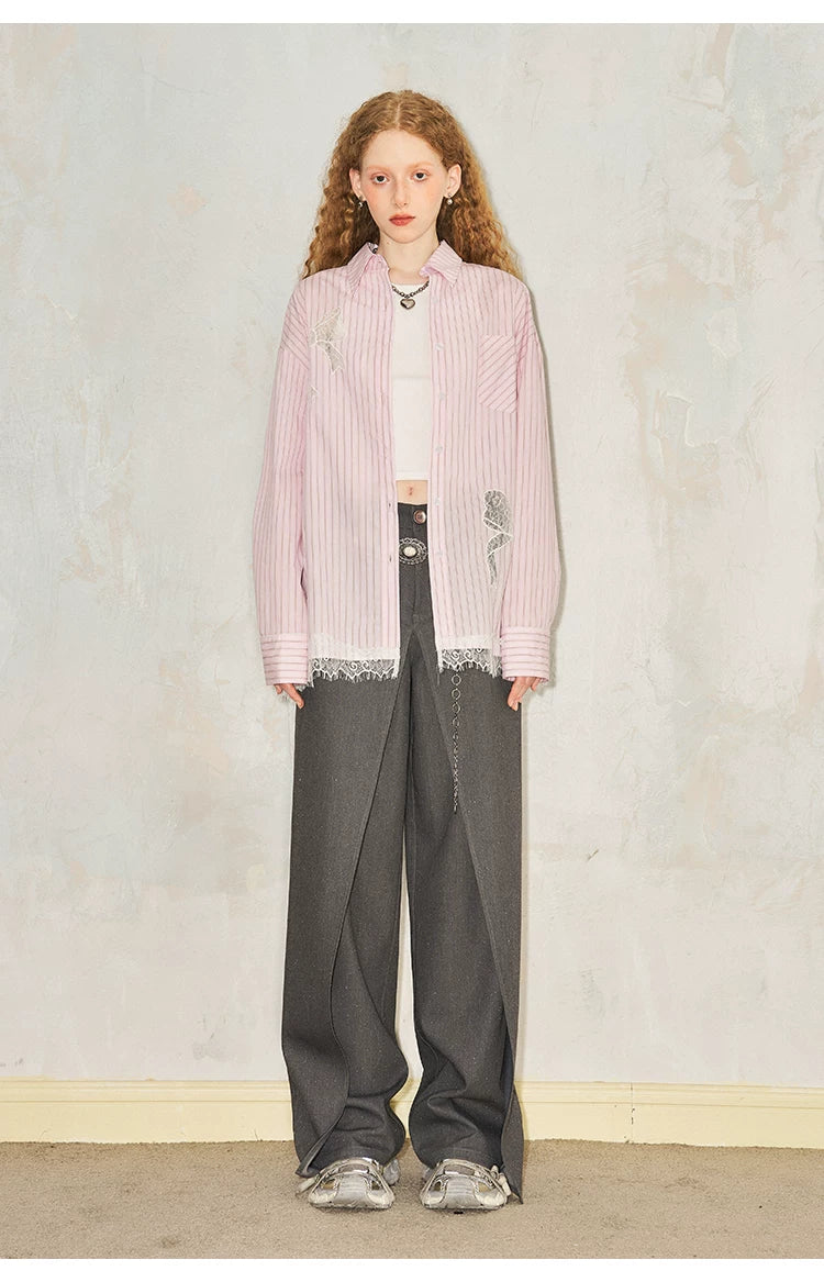 Stripe Lace Hollow Bow Long Sleeve Shirt