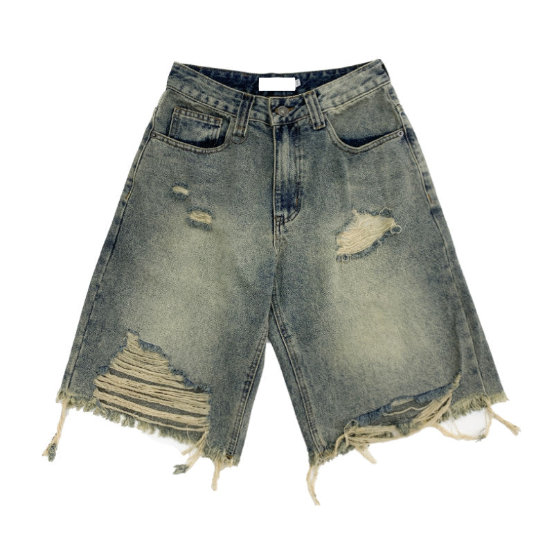 Damage Washed Frayed Hem Half Denim Jeans