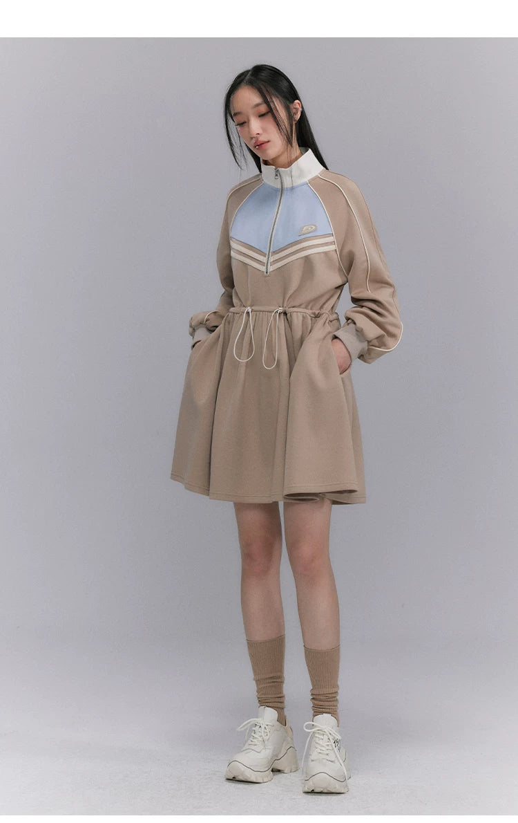 Embroidery Color Blocking Sporty Long Sleeve Jersey Dress