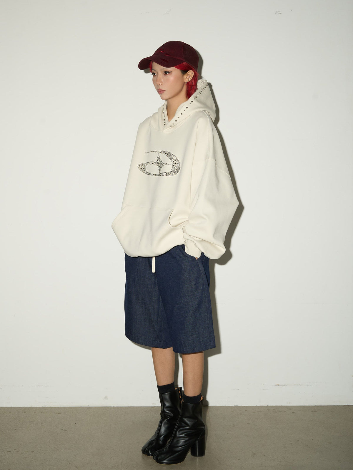 Studded Beaded Design Oversize Pullover Hoodie