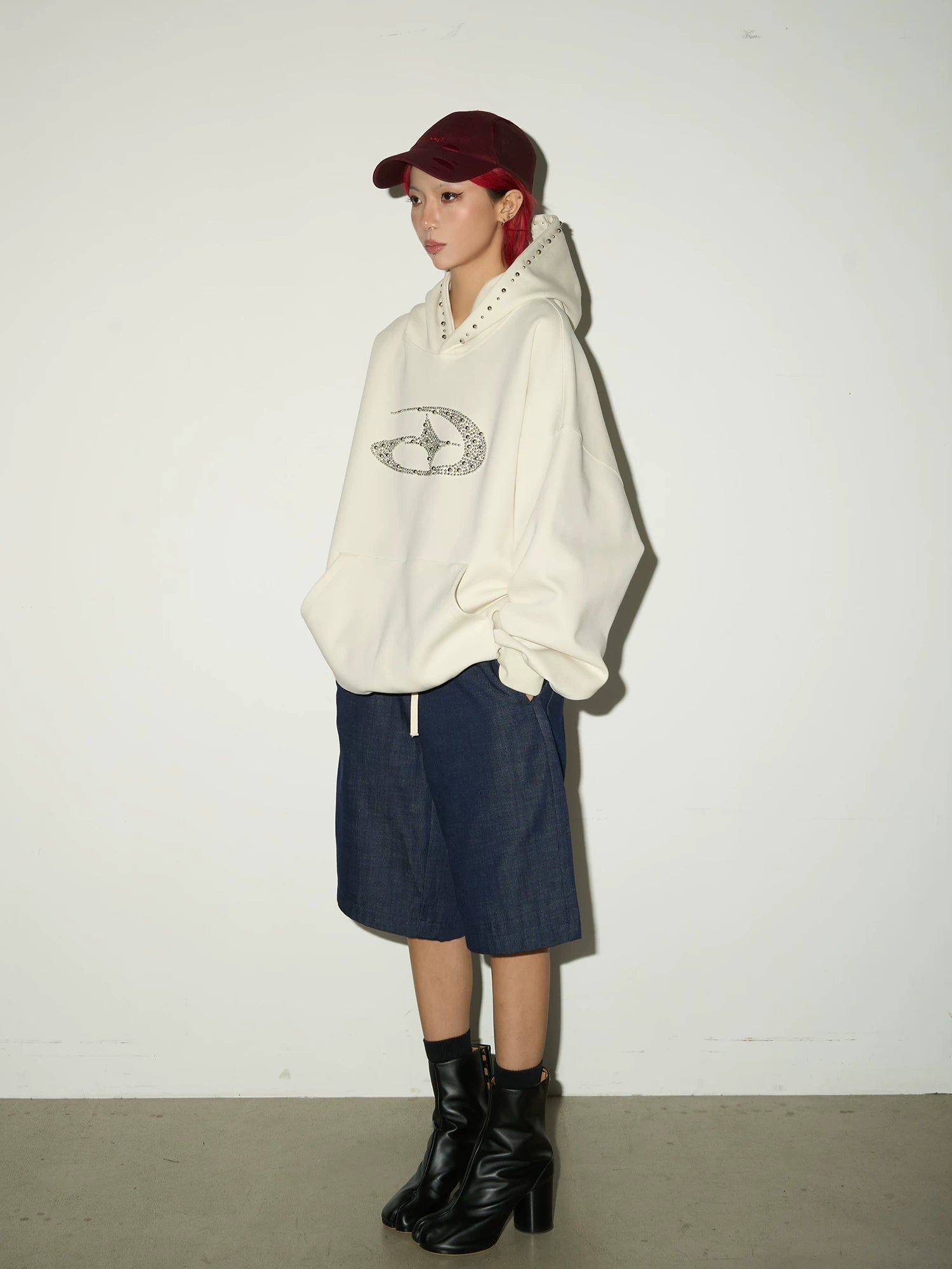 Studded Beaded Design Oversize Pullover Hoodie
