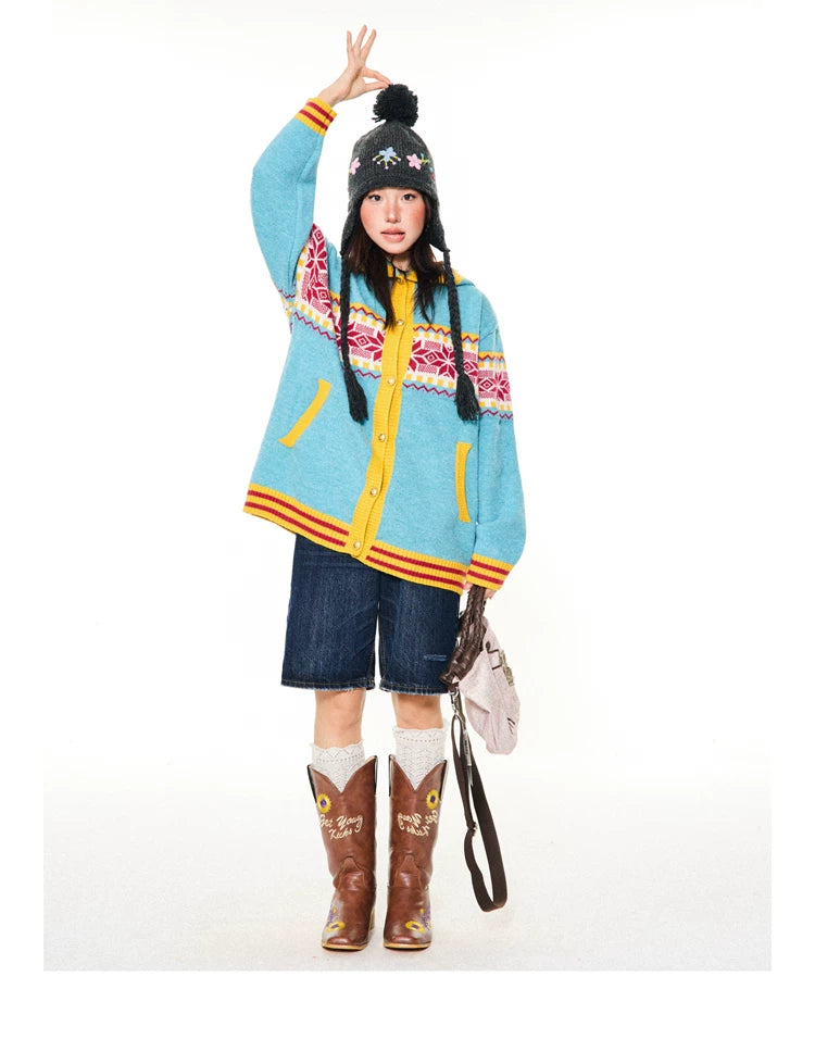 Contrast Pattern Hooded Knit Cardigan