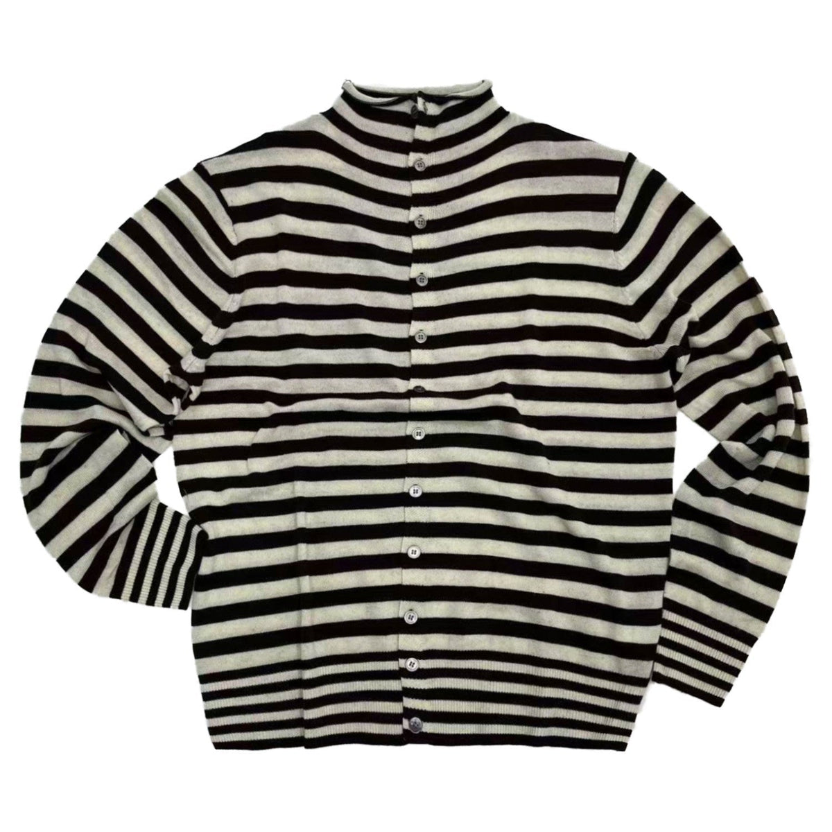 Contrast Stripe Wool Knit High-Neck Cardigan