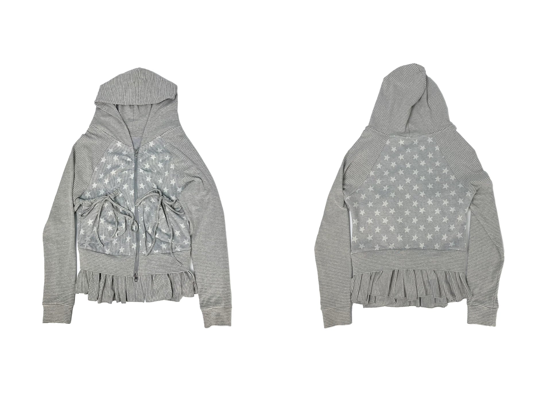 Striped Patchwork Hooded Drawstring Ruffle Jacket & Skirt Setup