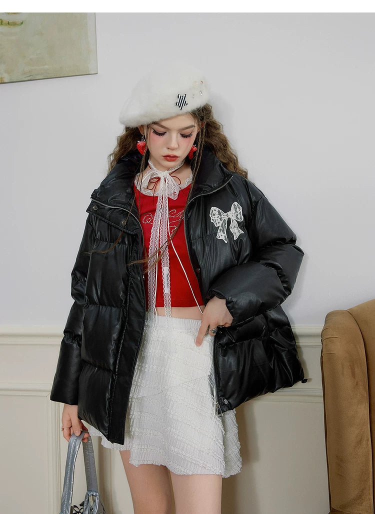 Fake PU Leather Stand Neck Lace Patchwork White Duck Down Jacket