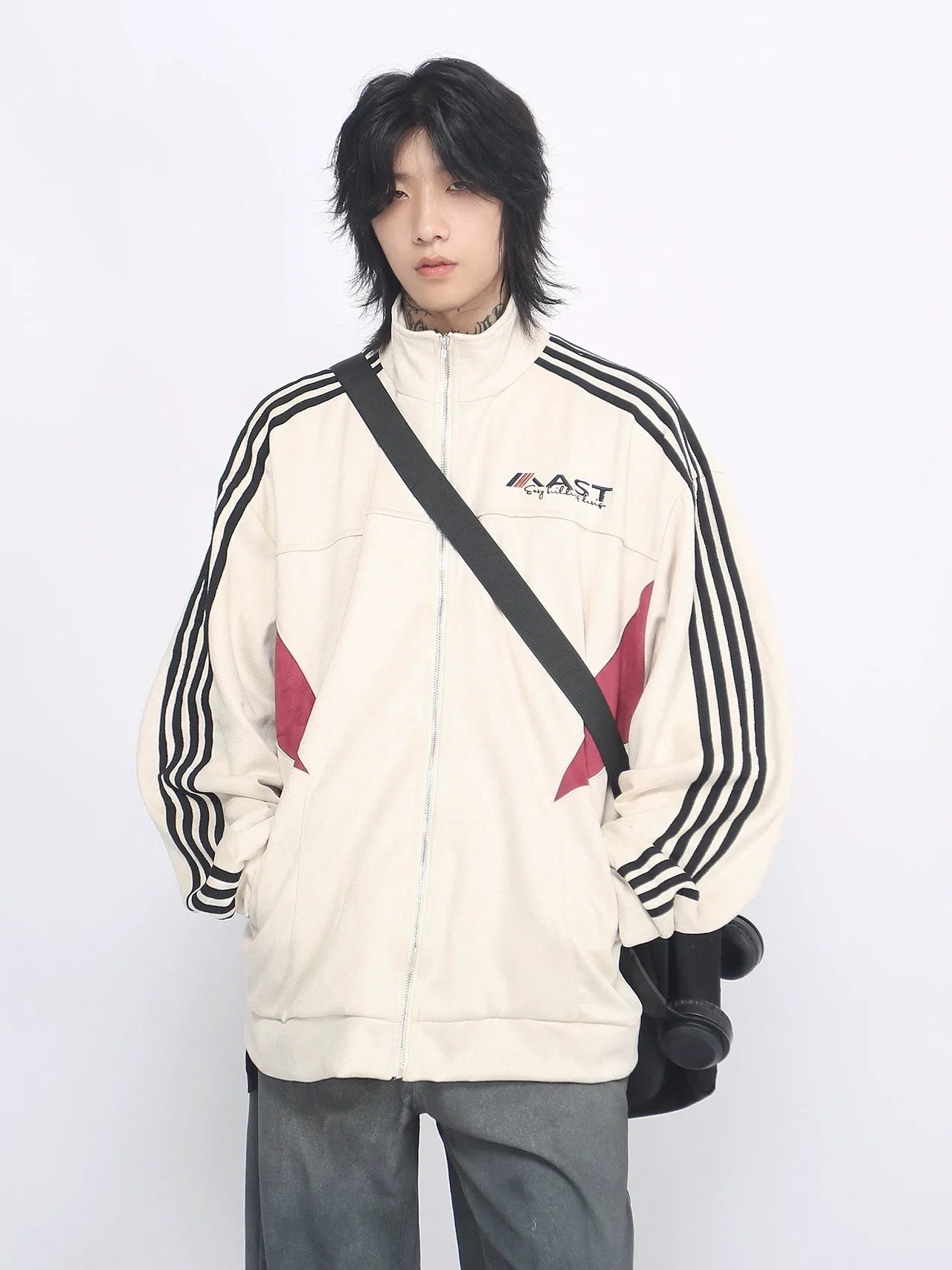 Striped Stand Neck Oversize Suede Truck Jacket