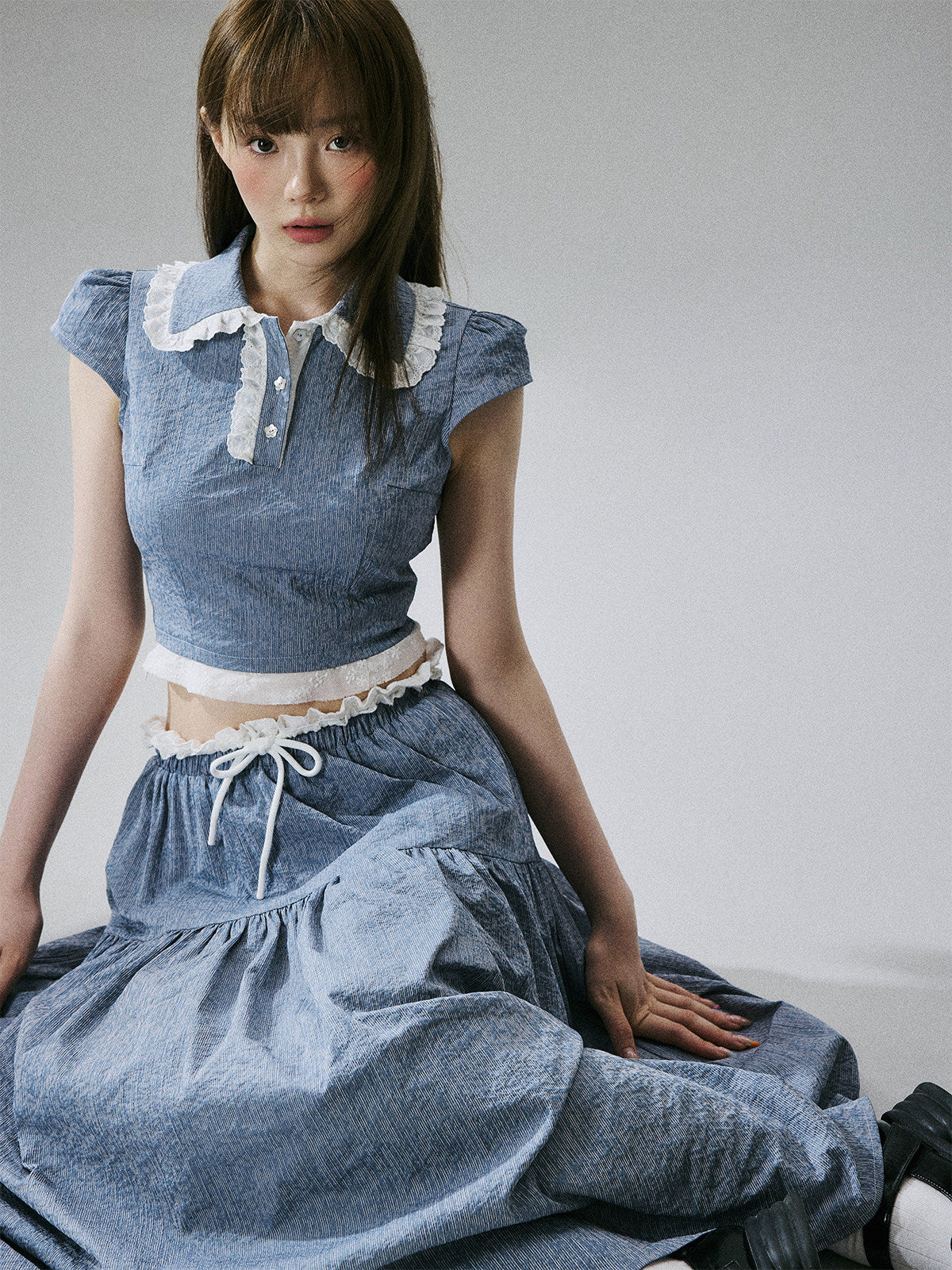 Lace-Trim Short Sleeve Shirt & Drawstring Skirt Setup