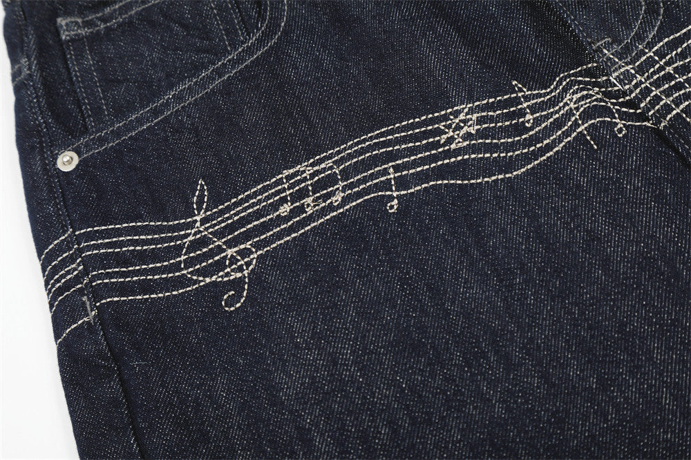 Musical Embroidery Wide-Leg Jeans