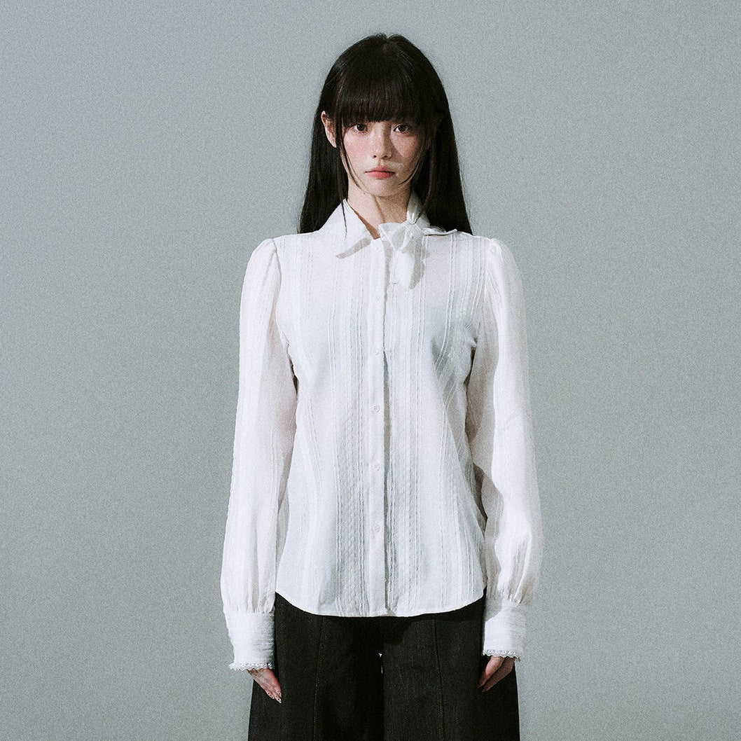 Bow Tie Collar Pleats Detail Blouse