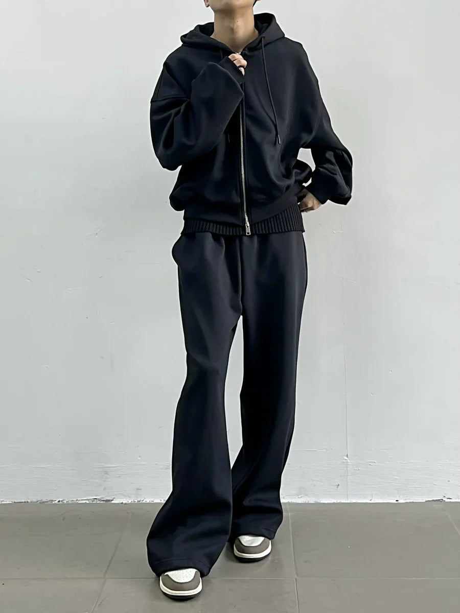 Oversize Short Zipper Hoodie & Wide-leg Straight Sweatpants Setup