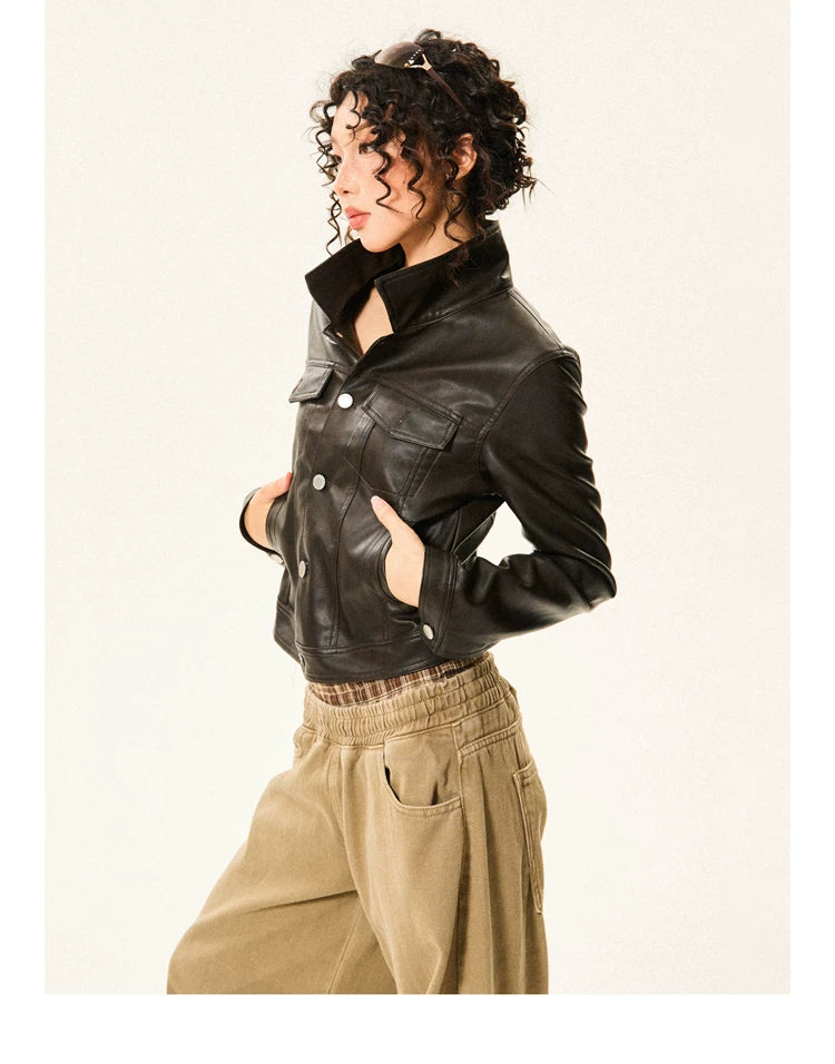 PU Leather Standing-Collar Short Jacket