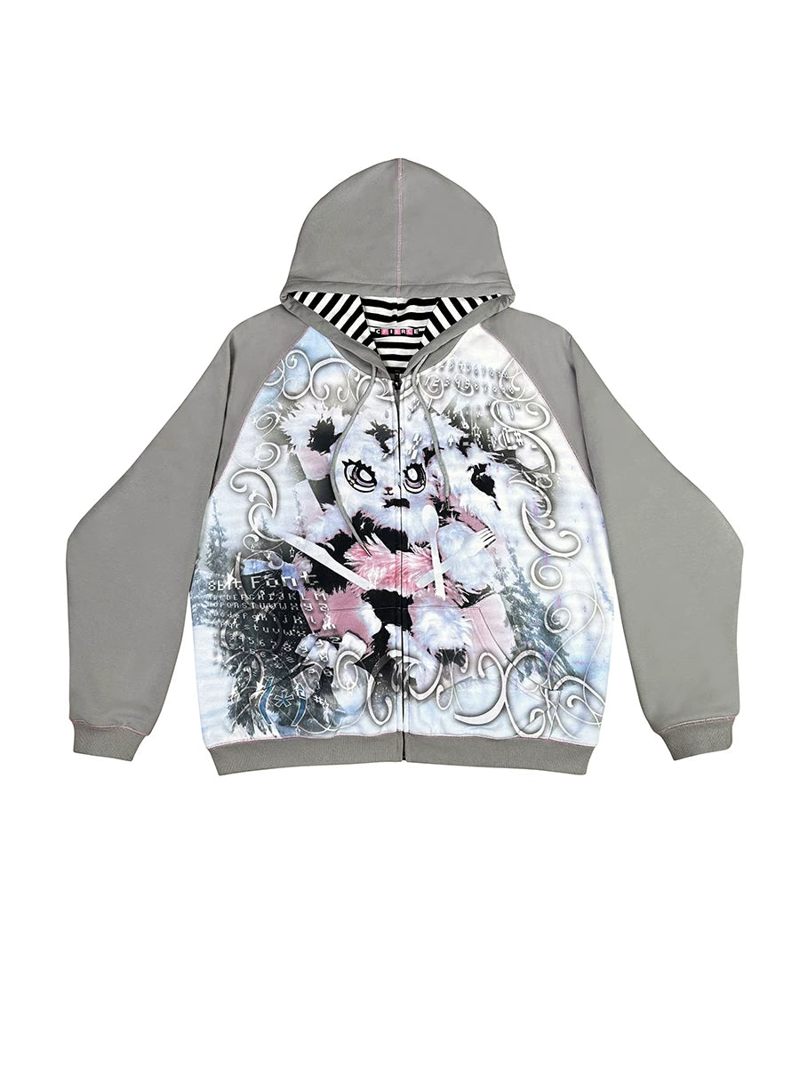 Sweat à capuche oversize à motif lapin avec fermeture éclair