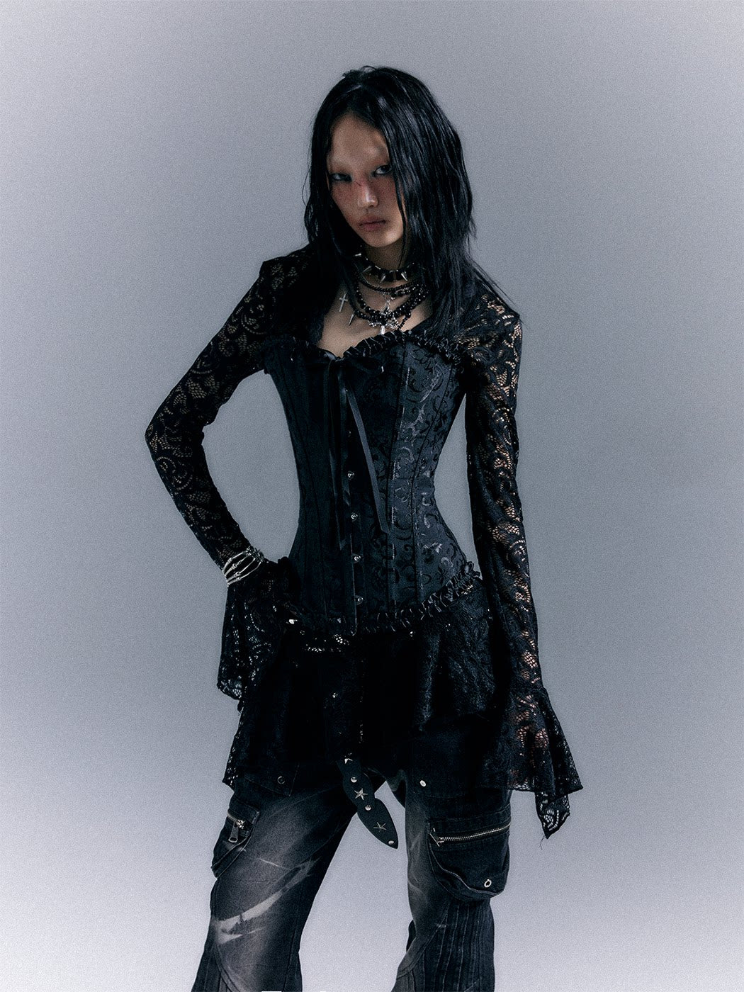 Lace-Up Corset Top & Lace Long Sleeve Dress Setup