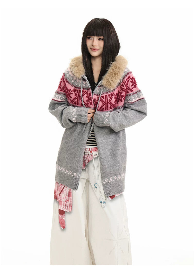 Fur Collar Fair Isle Hooded Knit Cardigan