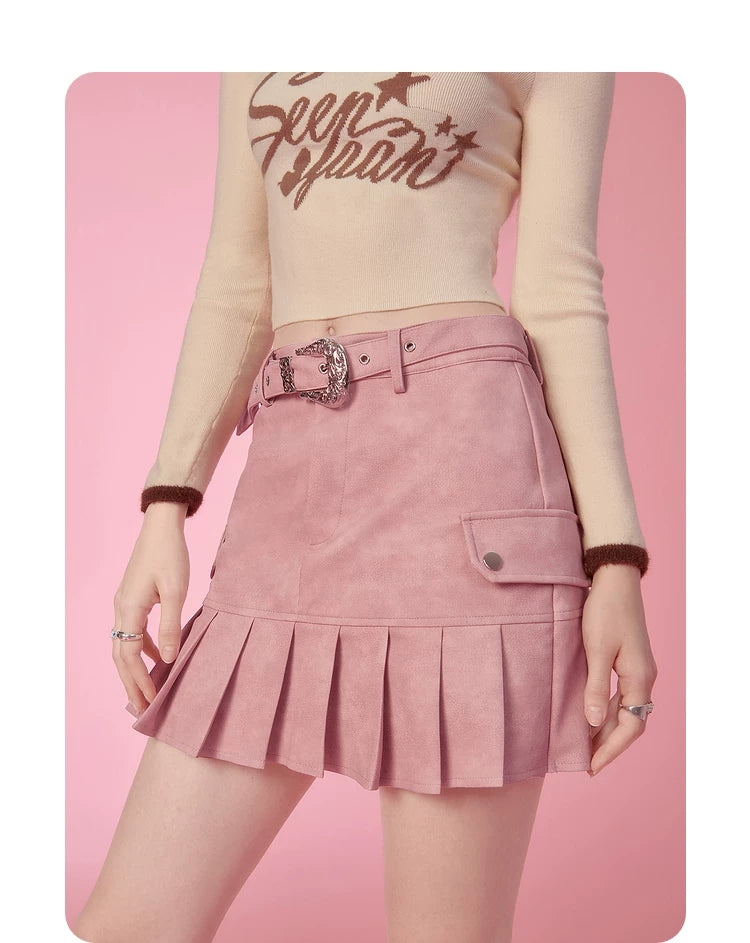 PU Leather Short Jacket & Short Pleats Skirt Setup