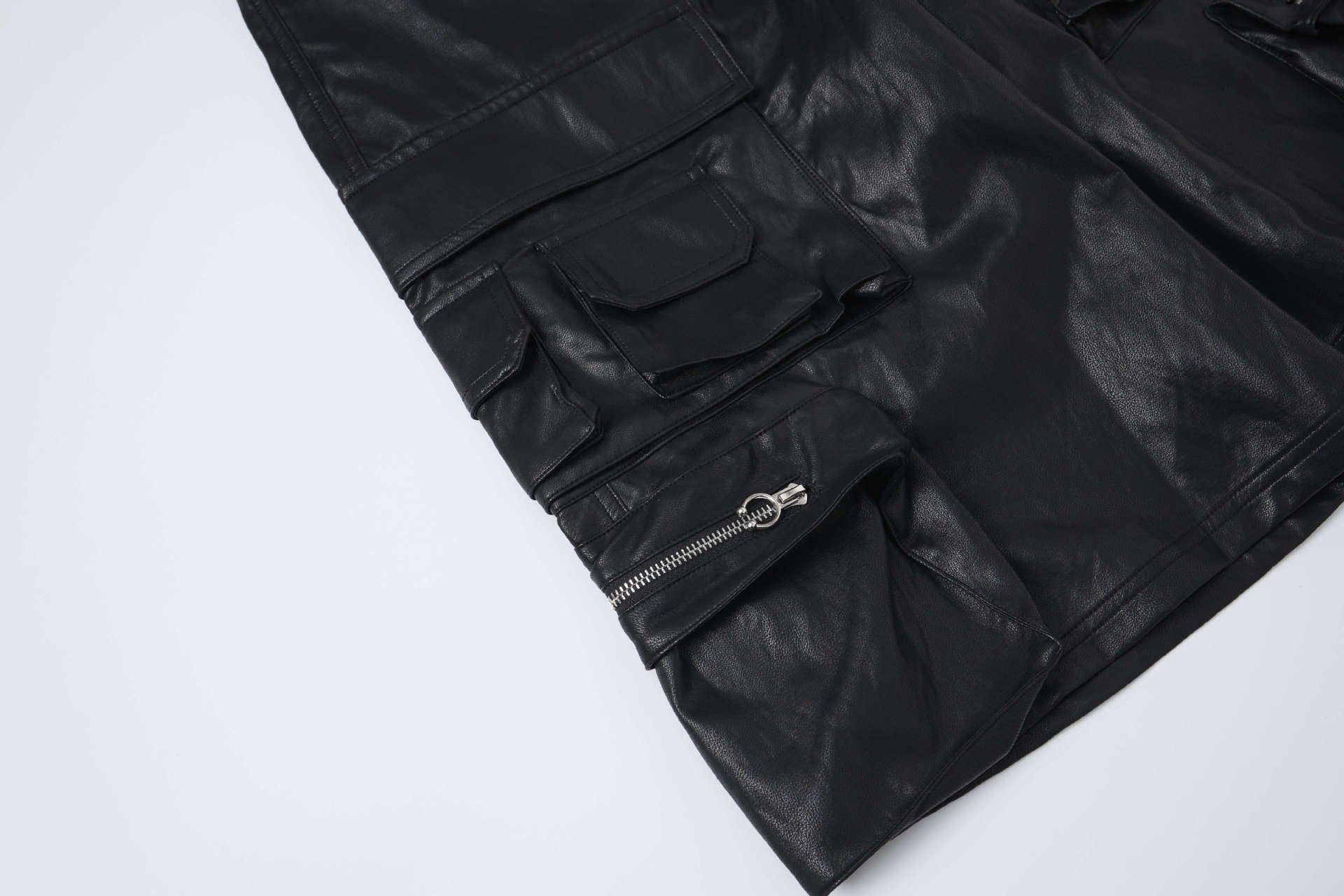 PU Leather Pocket Cropped Wide Leg Cargo Hahf Pants