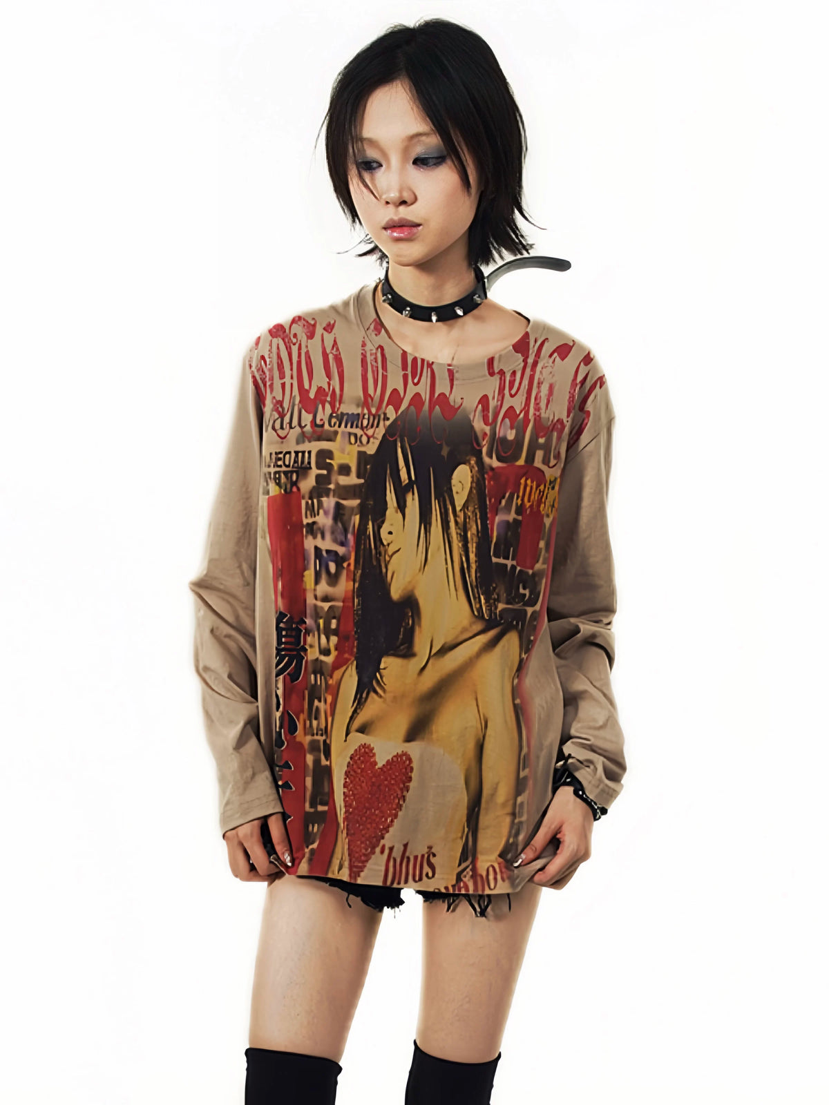 Y2k Japanese Punk Style "sad Angel" Brown Long Sleeve T-Shirt