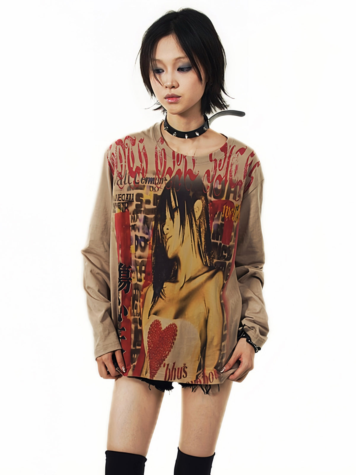 Y2k Japanese Punk Style "sad Angel" Brown Long Sleeve T-Shirt