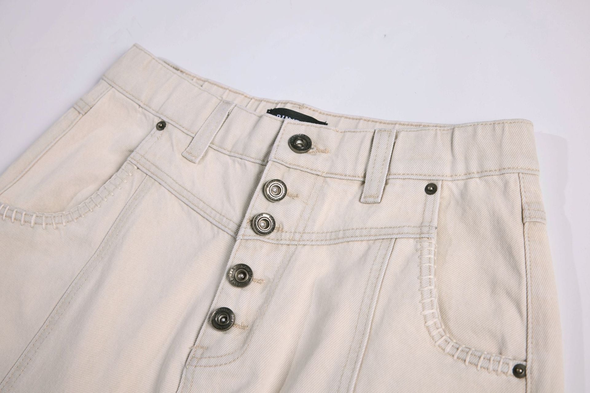 Multi-Button Curved Wide Leg Denim Jeans