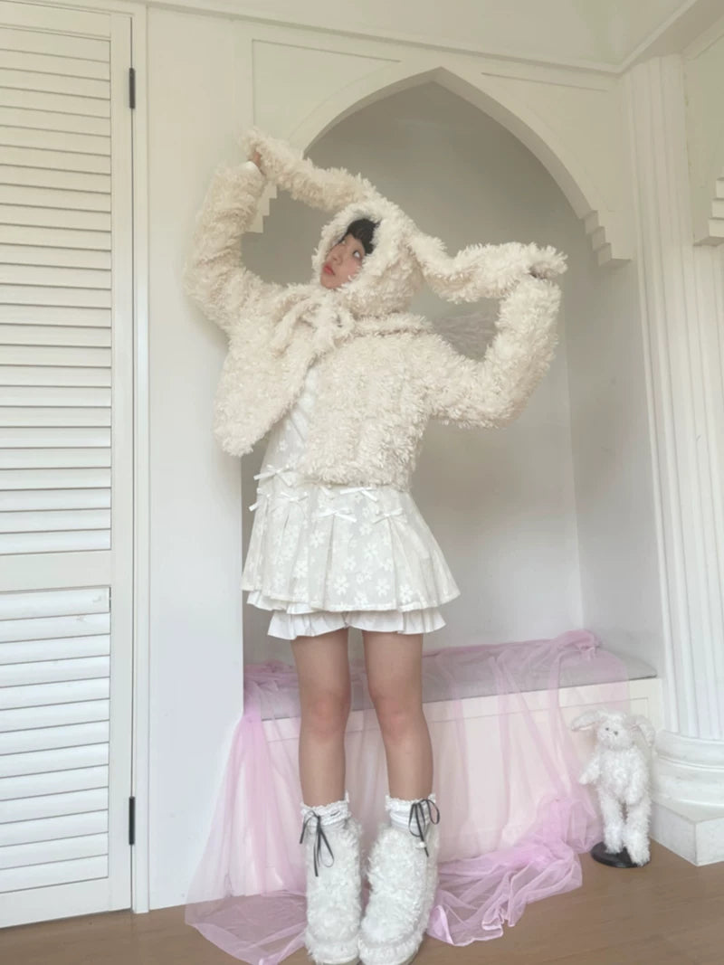 Fake Fur Bow Tie Plush Jacket
